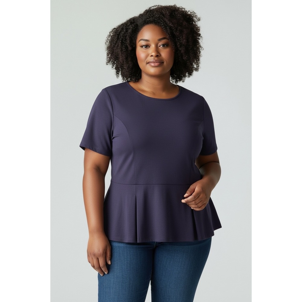 Talbots Woman Purple Ponte Knit Peplum Top Short Sleeve Back Zip Plus 2X